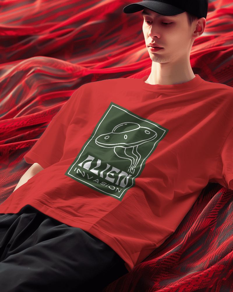 Asian Man Wearing Tshirt Mockup With Red Curtain Flying In Background Scene3