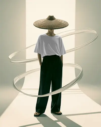 avant-garde-t-shirt-mockup-surreal-figure-with-straw-hat-geometric-light-shafts-and-floating-rings