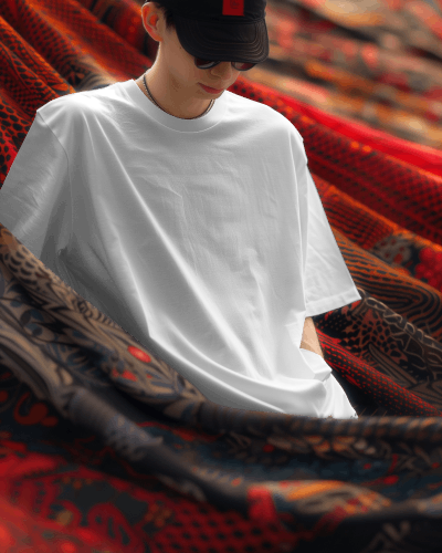 Asian Man Wearing Tshirt Mockup With Red Curtain Flying In Background Scene2