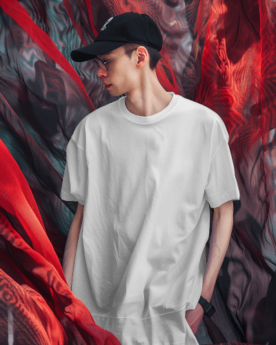 Asian Man Wearing Tshirt Mockup With Red Curtain Flying In Background Scene1