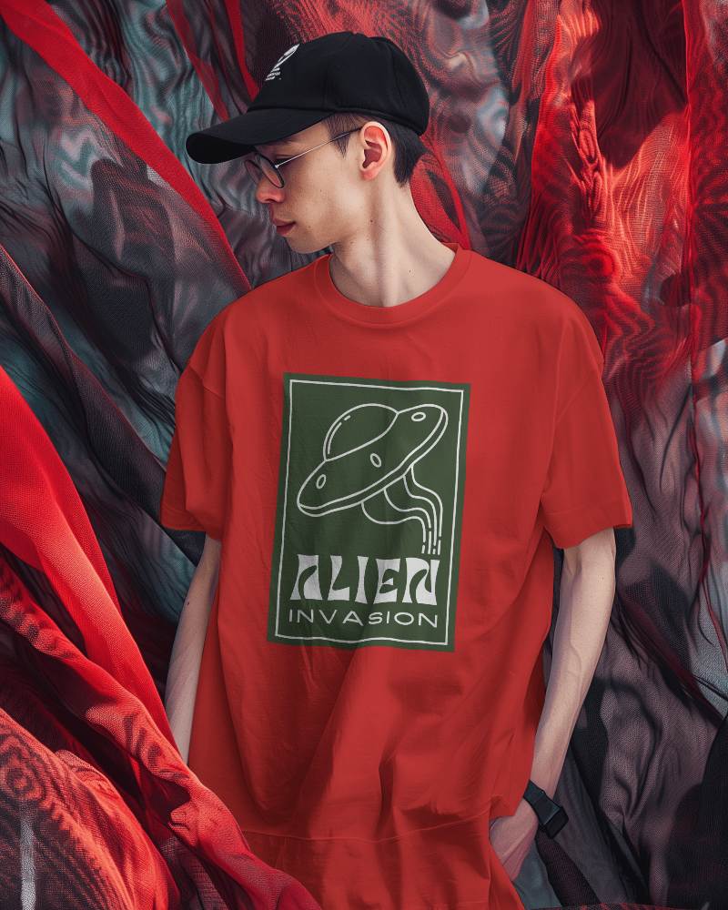 Asian Man Wearing Tshirt Mockup With Red Curtain Flying In Background Scene1