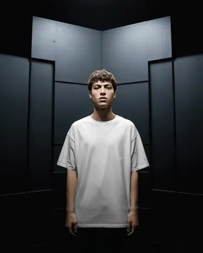 stylish-tshirt-mockup-front-view-on-male-model-against-geometric-dark-background-with-soft-shadows