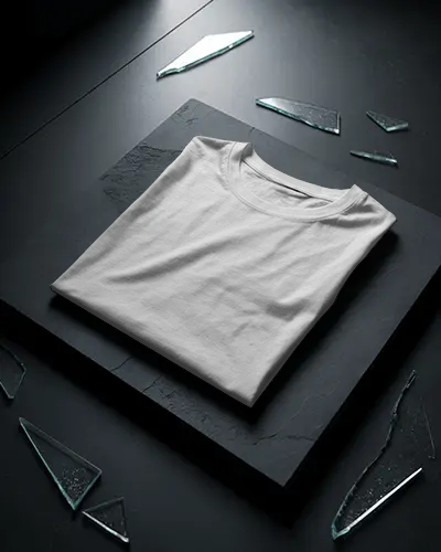 stylish-folded-tshirt-mockup-on-slab-display-with-scattered-glass-shards-in-modern-dark-studio
