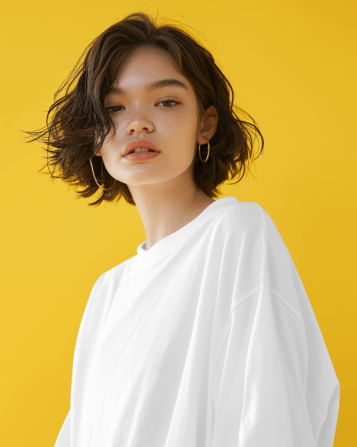 Young Female Model With Frizzy Hair Wearing Tshirt Mockup Scene5