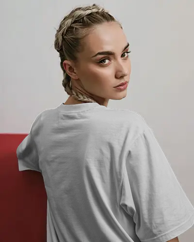 Over Shoulder Look T Shirt Mockup Female Model Turning Back Minimal Studio Clean Style