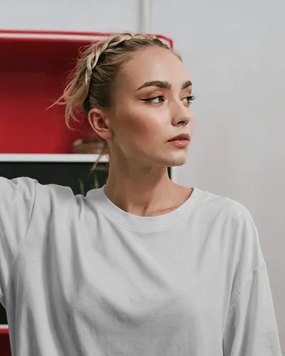 Side Profile T Shirt Mockup Female Model Gazing Away Red Shelf Backdrop Modern Casual