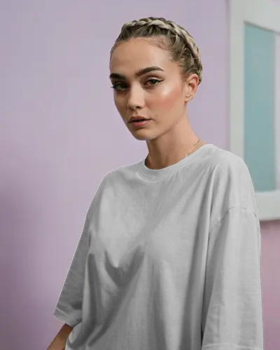 Pastel Studio T Shirt Mockup Female Model Side Pose Lavender Wall Stylish Casual Look