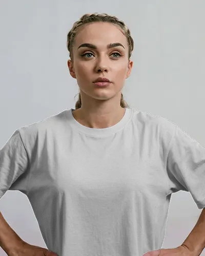Confident Stance T Shirt Mockup Female Model Hands On Waist Studio Lighting Bold Style