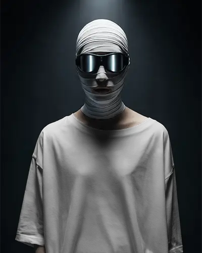 Futuristic Bandaged Model Tshirt Mockup With Dark Dramatic Lighting And Sleek Reflective Sunglasses