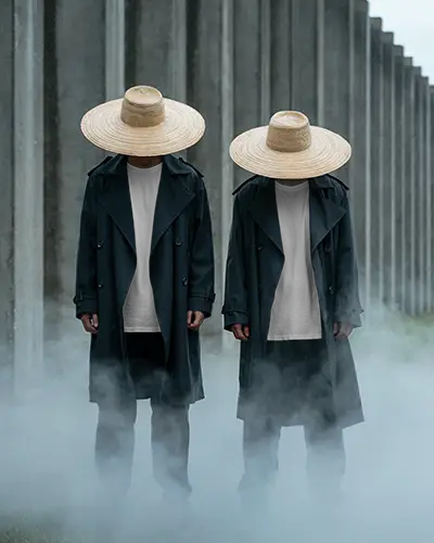 Twin Models Tshirt Mockup Wearing Straw Hats And Black Coats In Smoky Outdoor Industrial Setting