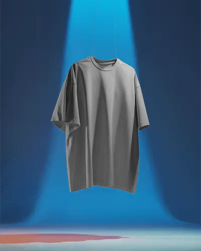 Floating Hanging Tshirt Mockup Under Blue Spotlight With Minimal Stage Like Studio Background
