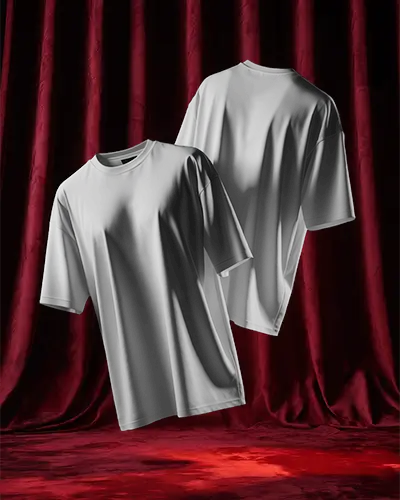 Floating Dual Tshirt Mockup Front And Back Display Against Luxurious Red Velvet Curtain Backdrop