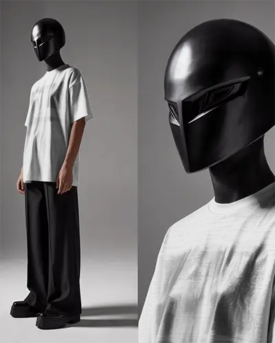 Futuristic T Shirt Mockup Male Model In Helmet Avantgarde Studio Fashion Dark Modern Style