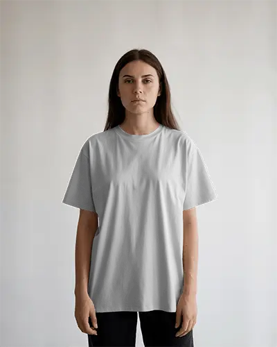 Minimalist T Shirt Mockup Female Model Front View Simple Light Background Clean Style