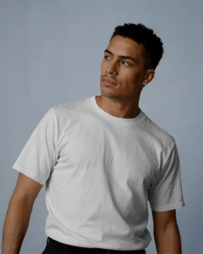 Casual T Shirt Mockup Male Model Looking Sideways In Studio Lighting Modern Minimal Style