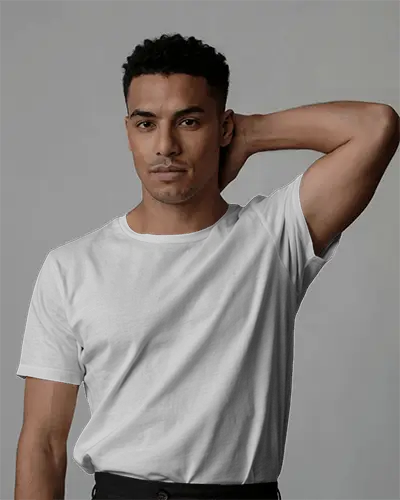 Stylish T Shirt Mockup Male Model Hand On Neck Pose In Neutral Studio Contemporary Look