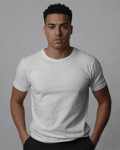 Sleek T Shirt Mockup Male Model Hands In Pockets Front View Simple And Stylish Presentation