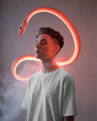 Mystical Snake Loop Tshirt Mockup Male Model Eyes Closed Dramatic Lighting With Smoky Effect