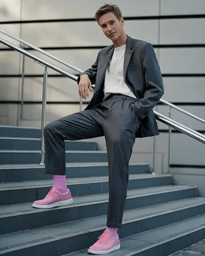 Casual Tshirt Mockup Male Model In Formal Suit With Pink Sneakers Street Stair Background