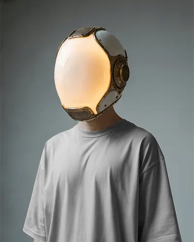 Futuristic Helmet Tshirt Mockup Male Model With Glowing Sci Fi Headgear Minimal Studio Background