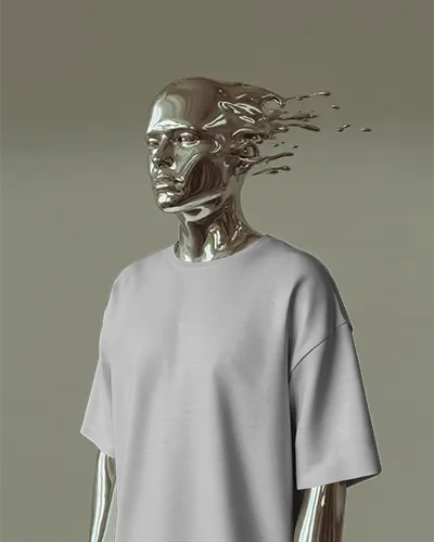 Metal Mannequin Tshirt Mockup Sci Fi Surreal Male Figure With Melting Head Smooth Studio Lighting