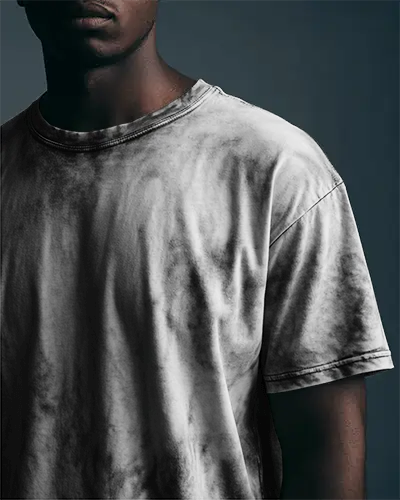 Acid Wash Closeup Tshirt Mockup Male Model In Dark Tones With Soft Shadow And Vintage Grunge Effect
