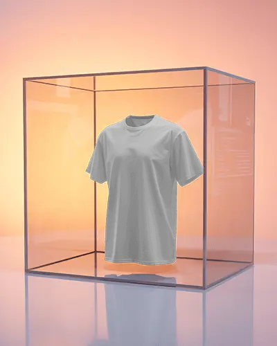 Display Cube Tshirt Mockup Floating Shirt In Transparent Glass Case Pink Orange Gradient Background