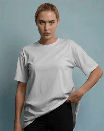 Stylish T Shirt Mockup Blonde Woman Hand In Pocket Confident Pose On Pastel Blue Background