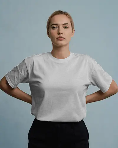 Casual T Shirt Mockup Young Woman Standing Hands On Hips Minimal Studio Backdrop