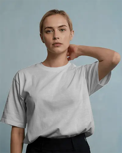 Relaxed T Shirt Mockup Elegant Woman Touching Neck Modern Lighting Soft Blue Scene