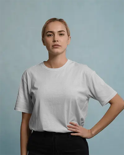 Confident T Shirt Mockup Woman Hand On Hip Front View Simple Studio Setup