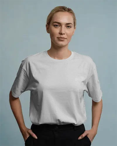 Natural T Shirt Mockup Smiling Woman Hands In Pockets Clean Fashion Shoot Style
