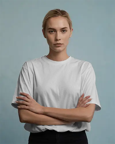 Clean Basic T Shirt Mockup Front Facing Woman Standing Straight Confident Expression Minimal Studio