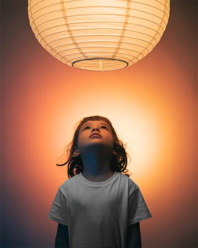 Children Tshirt Mockup Realistic Portrait Kid Looking Upward Modern Apparel Display