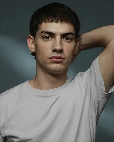 Casual Relaxed T Shirt Mockup Hand On Head Studio Mood Soft Lighting And Modern Appeal