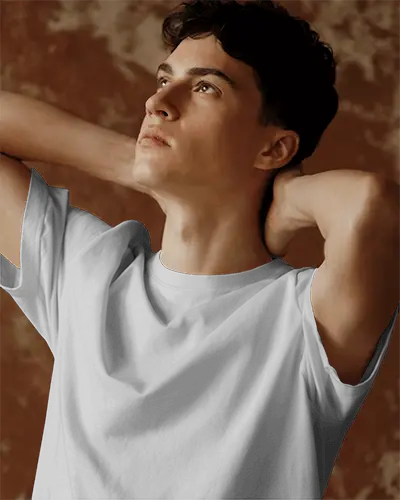 Upward Gaze T Shirt Mockup Hands Behind Head Earthy Studio Lighting Bold Modern Minimal Design