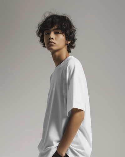 Asian Model Wearing Tshirt Mockup In Neutral Studio Background Scene6