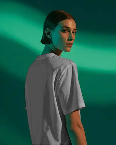 Elegant Women T Shirt Mockup Model Looking Back Over Shoulder Modern Studio Setup