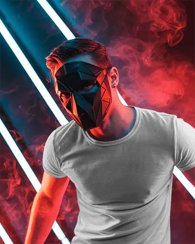 Neon Red Blue Light T Shirt Mockup Male Model In Geometric Mask And Smoky Backdrop