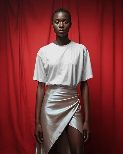 Luxury Contrast T Shirt Mockup Elegant Woman In Tee And Shiny Draped Satin Skirt
