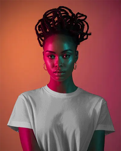 Neon Dual Light T Shirt Mockup Female Model In T Shirt With Bold Color Gradient Style