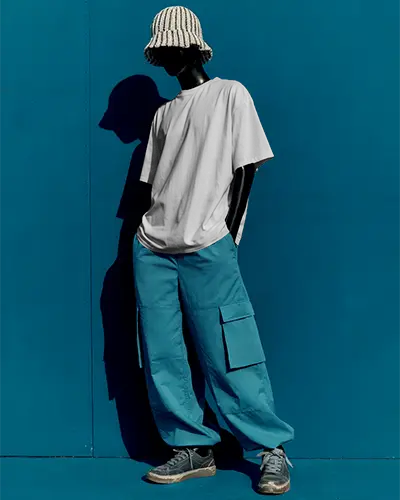 Urban Streetwear T Shirt Mockup Mannequin With Bucket Hat Blue Cargo Pants Against Bold Wall