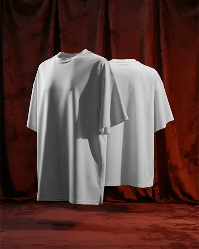 Dual Display T Shirt Mockup Front And Back Views On Floating Stand Against Rich Red Curtains