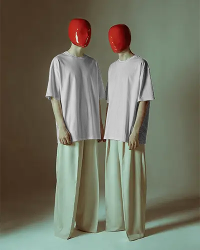 Dual Models Tshirt Mockup Red Glossy Masks Stylized Studio Fashion Minimal Creative Scene