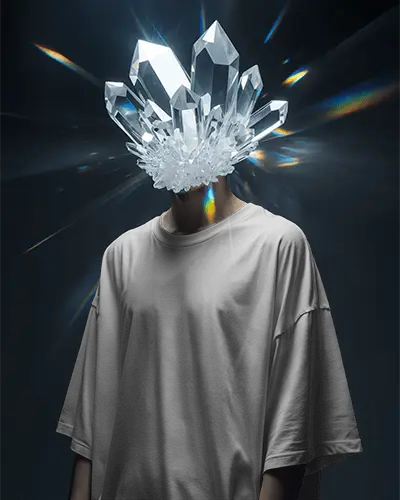 Crystal Head Tshirt Mockup Surreal Fashion Portrait With Glowing Prism Effect Futuristic Look