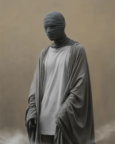 Wrapped Figure Tshirt Mockup Mystical Mummy Style Robes In Dramatic Neutral Backdrop