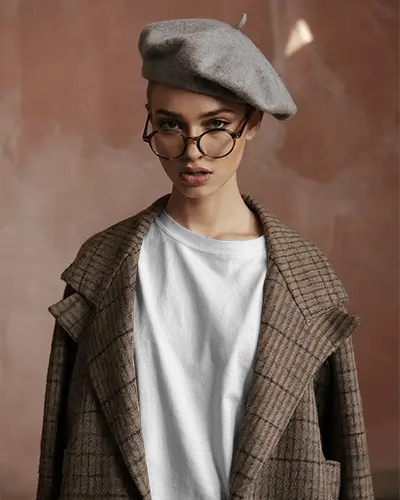 Parisian Style Tshirt Mockup Female Model In Coat And Beret Against Warm Brown Studio Wall