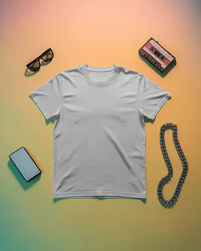 Retro Flatlay Tshirt Mockup On Gradient Background With Vintage Accessories Trendy Scene