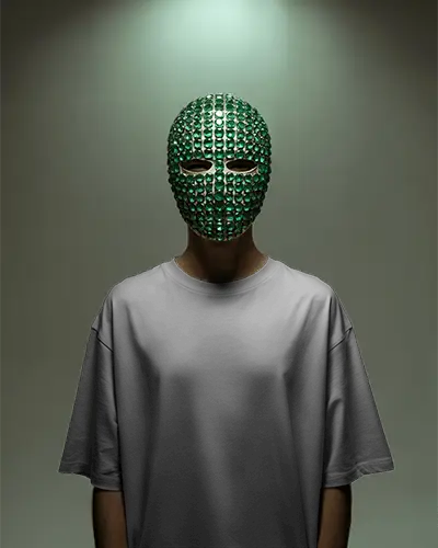 Gemstone Mask Front View Tshirt Mockup Male Model In Dark Studio Mysterious Edgy Aesthetic