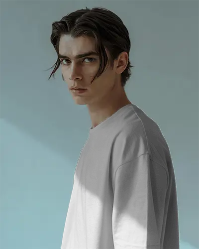Side View Tshirt Mockup Male Model With Wet Hair Moody Lighting Studio Portrait Fashion Look